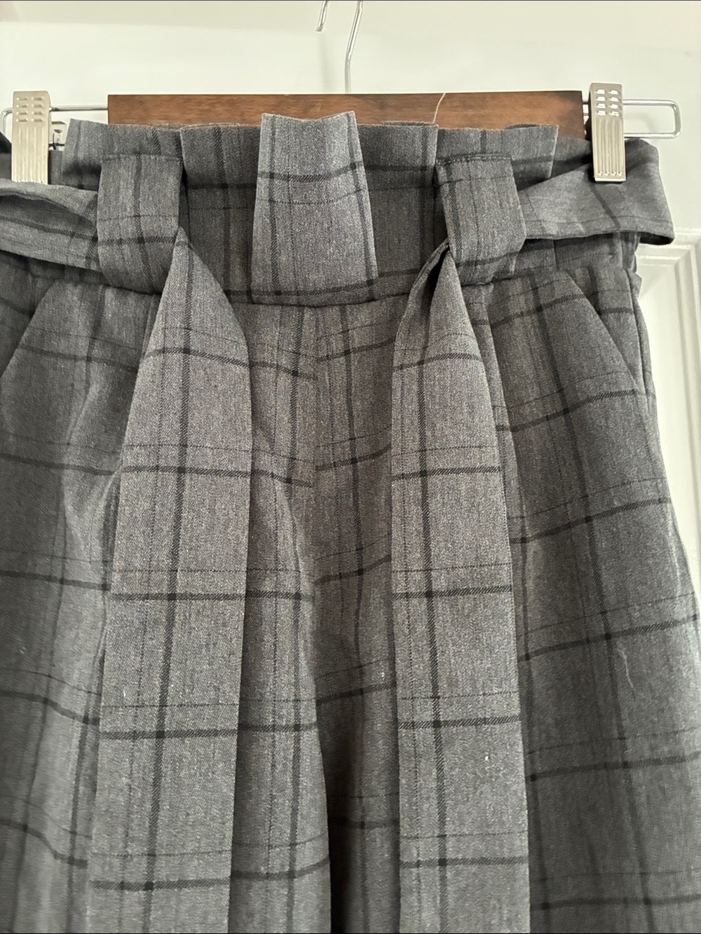 High-Waist Gray Plaid Boot Cut Pants with Belt
